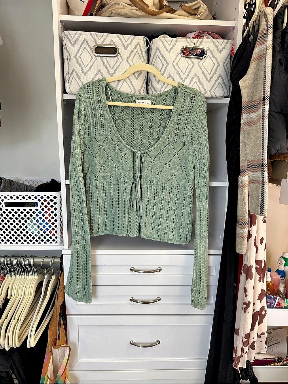 Hollister Tie Front Open Stitch Cardigan Green Small